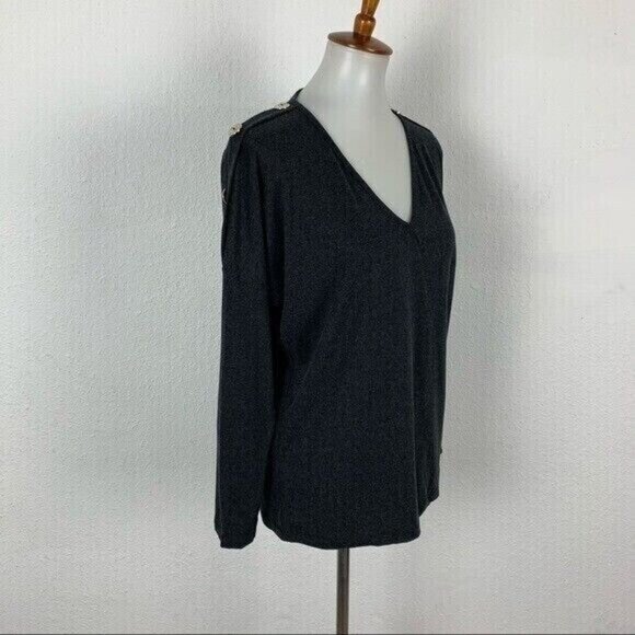 Milan Kiss Ribbed Top Small Gray Long Sleeve Slim Fit Basic V Neck - Picture 4 of 7
